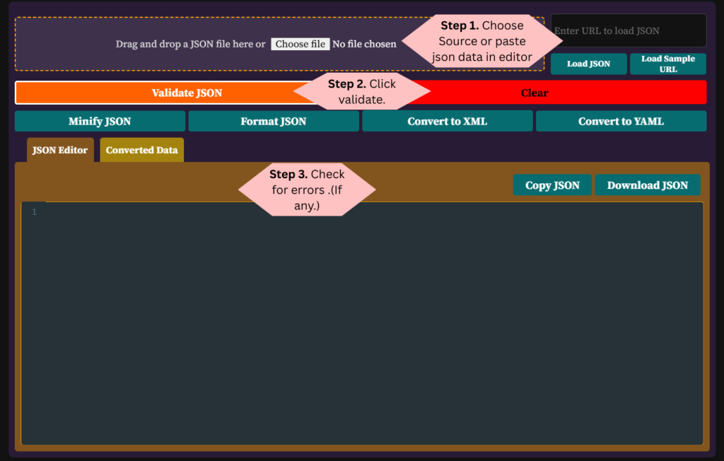 JSON Validator & Editor | Online JSON Formatter & Schema Checker 1 How to use CloudCusp’s JSON validator in three steps.