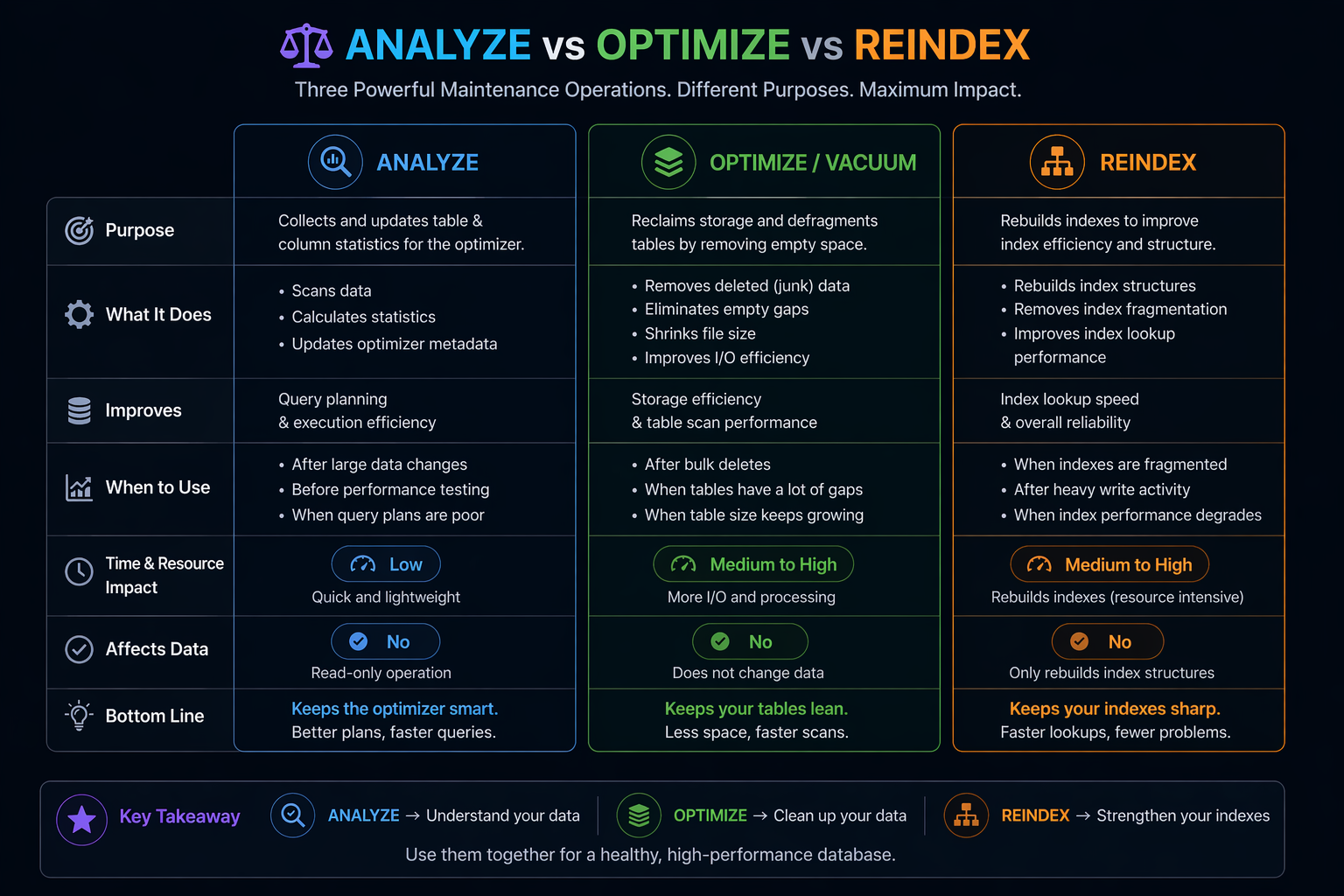 database analyze , optimize and Reindex compared