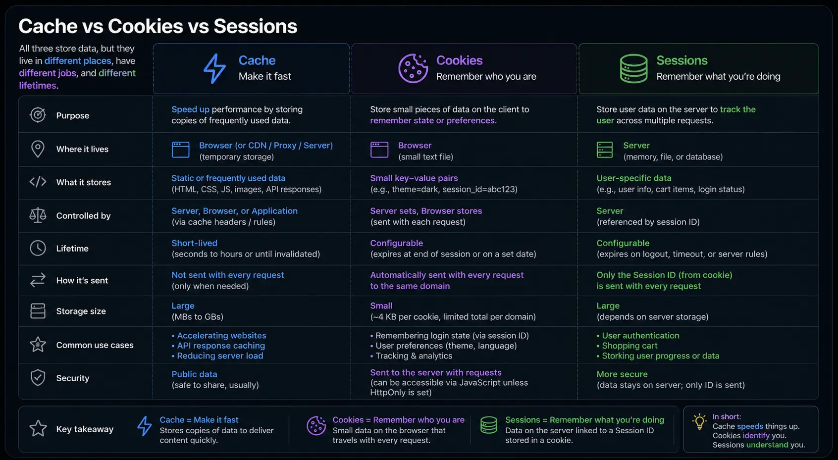 cache vs cookies vs session - tabular differences