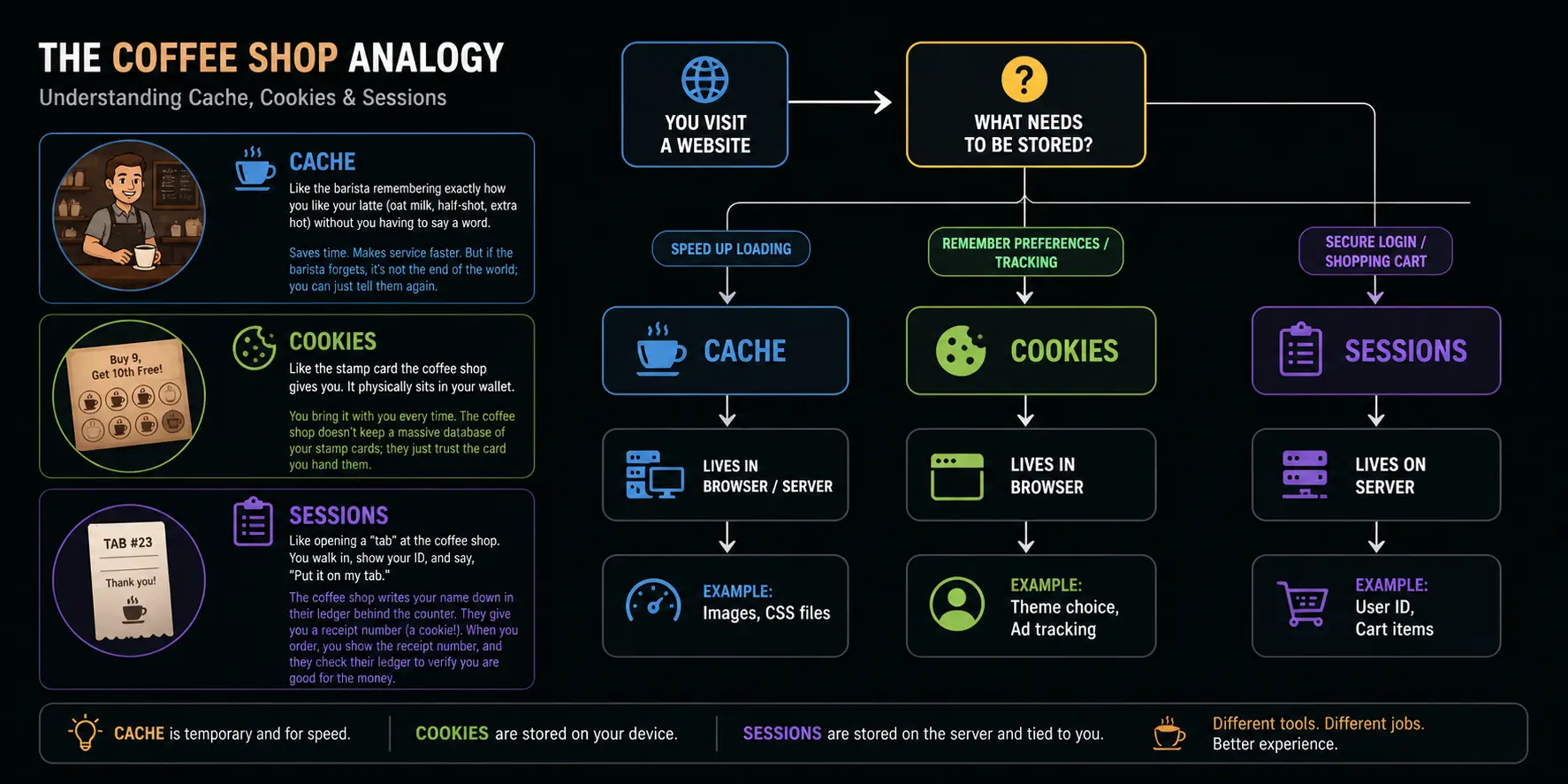 cache vs cookies vs session coffee shop analogy