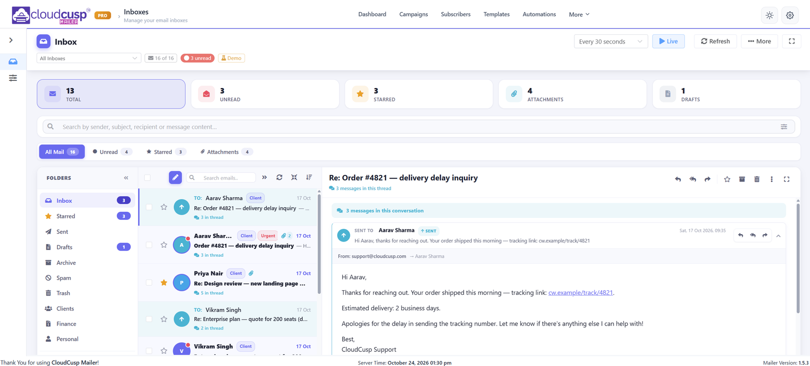 CloudCusp Mailer v1.5.3: In-App Inbox, Bulk CRM Scores & Multi-Threaded Sending 3 cloudcusp mailer email inbox ui